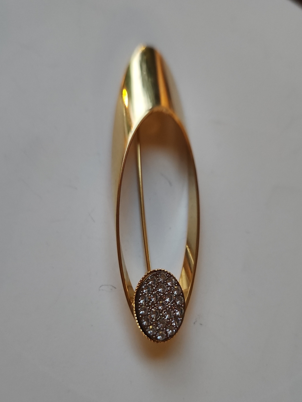 Gold Tone Oval Brooch with Pave Crystal Accent